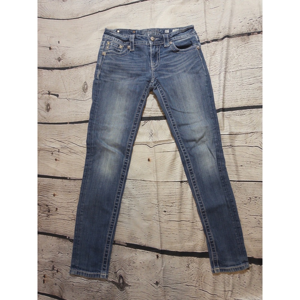 Miss Me Signature Skinny Jeans Womens 27 Blue Embellished Flap Pocket Low‎ Rise - Picture 2 of 10